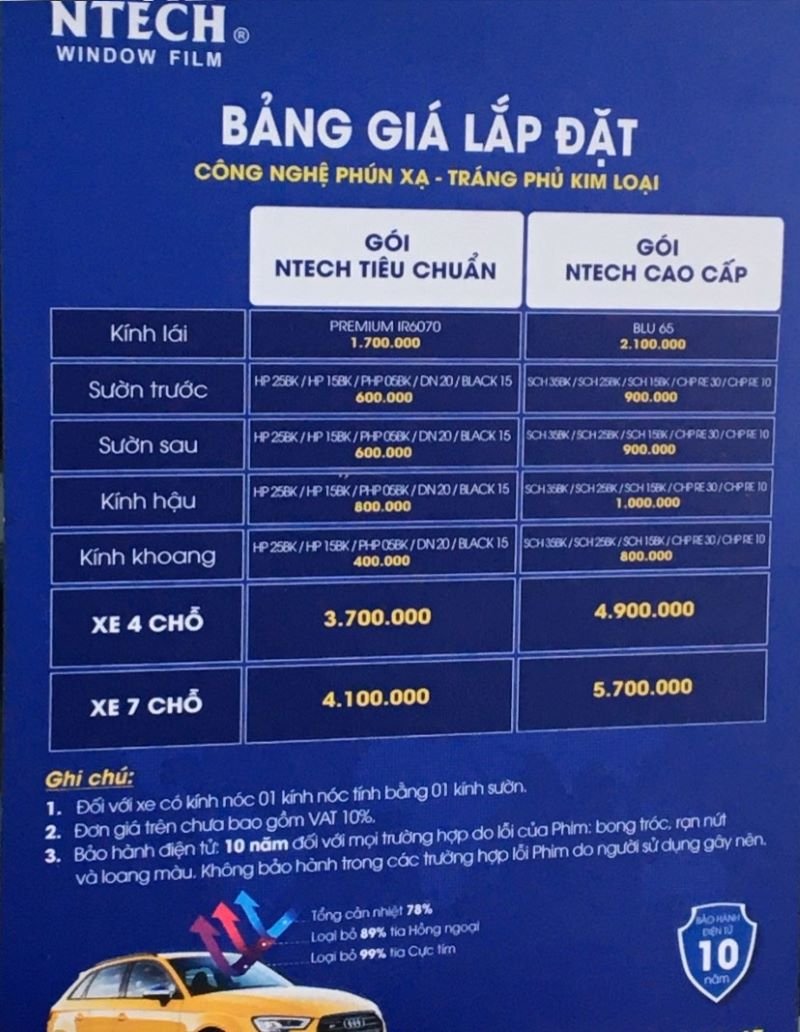 Bảng báo giá dán phim cách nhiệt thương hiệu NTECH