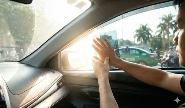 Kỹ thuật viên Trường Tuấn Auto đang thi công dán film cách nhiệt kính lái ô tô