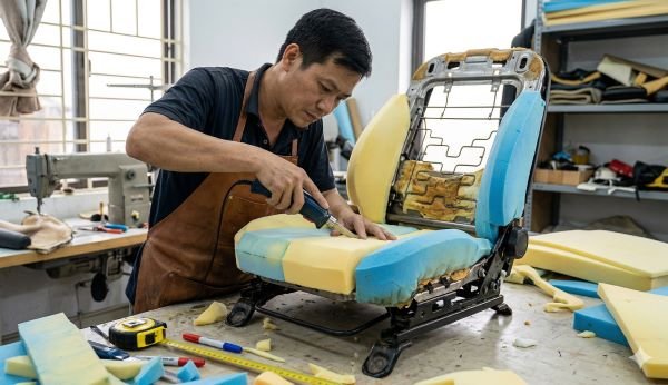 Kỹ thuật viên Trường Tuấn Auto đang tiến hành đắp và gọt phom mút ghế ô tô