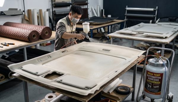 Kỹ thuật viên Trường Tuấn Auto đang vệ sinh sạch sẽ lớp mút cũ mủn nát trước khi bọc trần mới