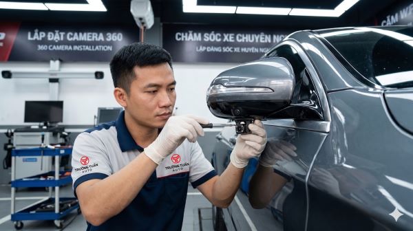 Kỹ thuật viên đang gắn mắt camera 360 thẩm mỹ dưới gương chiếu hậu ô tô