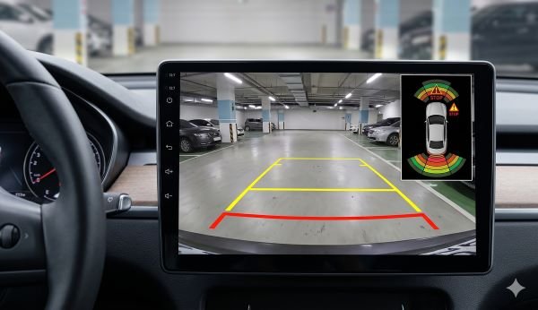 Màn hình hiển thị camera lùi kết hợp vạch chia khoảng cách và mô phỏng cảm biến radar