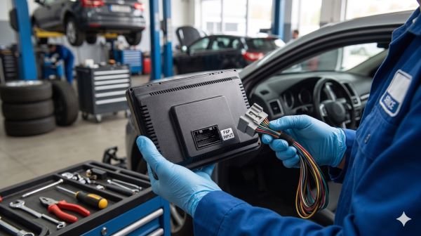 Kỹ thuật viên thao tác cắm giắc Zin 100% khi lắp đặt màn hình Android ô tô