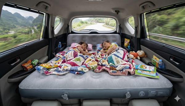Trẻ em nằm ngủ thoải mái trên đệm hơi ô tô ở băng ghế sau trong những chuyến đi xa