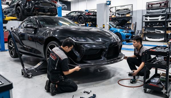 Kỹ thuật viên đang ốp thêm chi tiết Body Lip carbon vào mép cản dưới ô tô